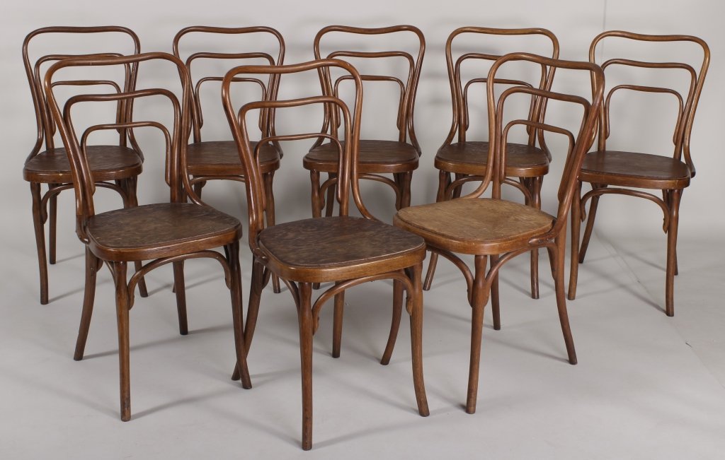 8 Art Nouveau Bentwood Chairs by Adolf Loos, 1900: Set of Eight Art Nouveau Bentwood Chairs by Adolf Loos, c. 1900, Manufactured by J & J Kohn, special commission for The Cafe Museum, Vienna; beech bentwood, the original cane seats replaced with plywo
