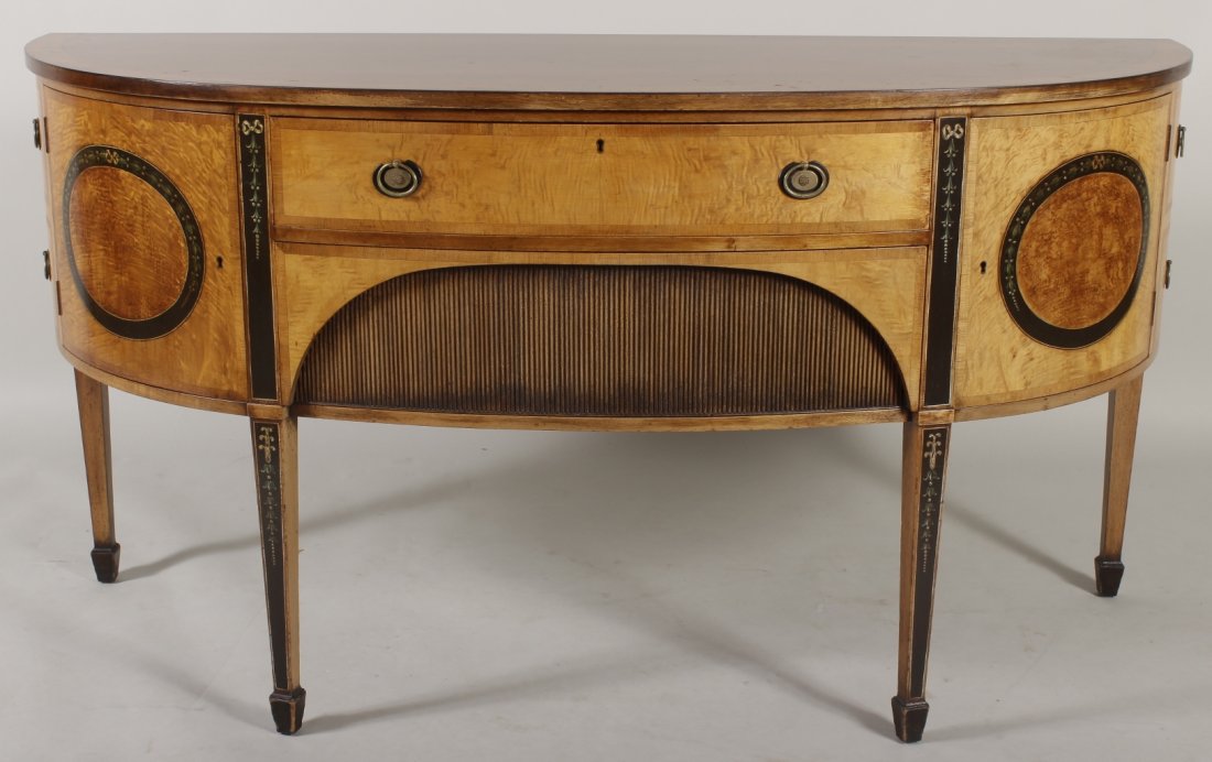 Edwardian Style Sideboard: Edwardian Style Sideboard, mahogany and curly maple with paint decoration, faux tambour front lower drawer.(73) (FLORA7273) {WK} Dimensions:35.5 H x 68 W x 26 D Condition:Age and use wear, dings. Prop