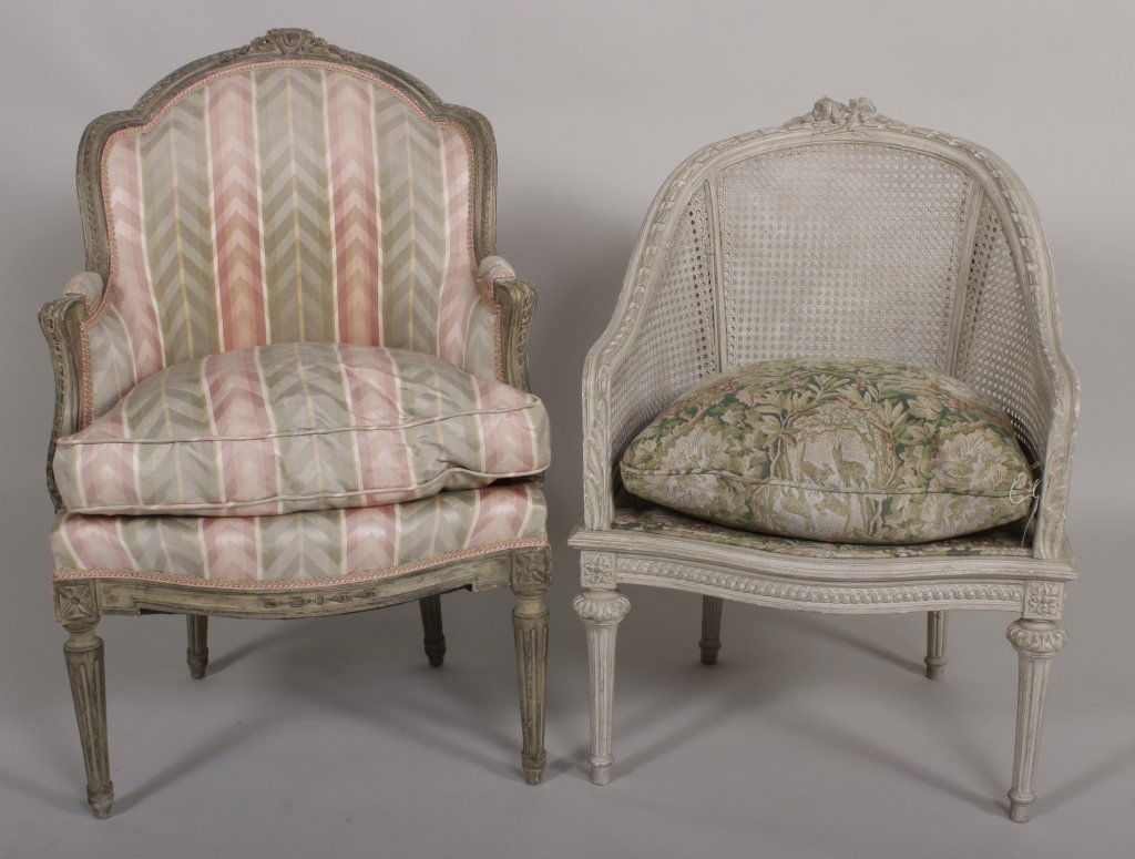 Two Louis XVI Style Carved and Painted Bergere Cha (1 of 3)