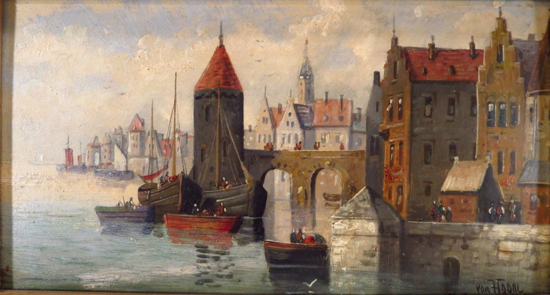 Kirk Hoom, Dutch, 20th c., Two Harbor Scenes, Oils (1 of 10)