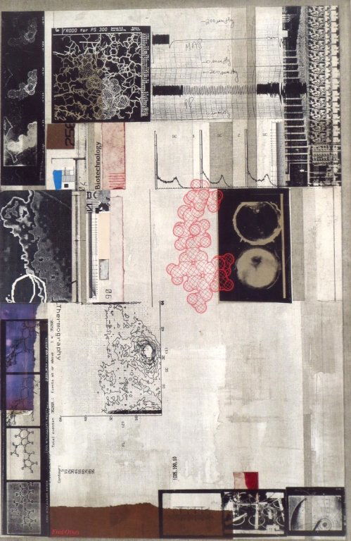 Fred Otnes, "1994 Annual Report", mixed media: Fred Otnes, American, b. 1925, "1994 Annual Report", 1994, collage, mixed media on canvas, signed on recto at lower left (AM) (CELA7403) (CELA) Dimensions:sight 24" x 16"; framed 28" x 36" Condition:I