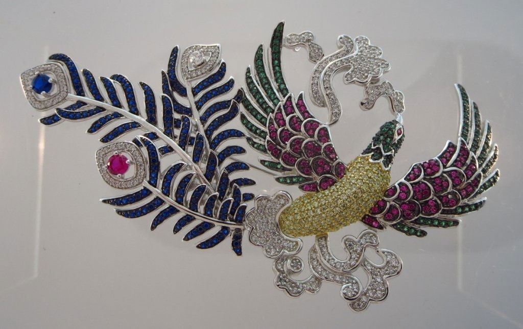 Precious Stone & Silver Peacock Brooch (1 of 8)