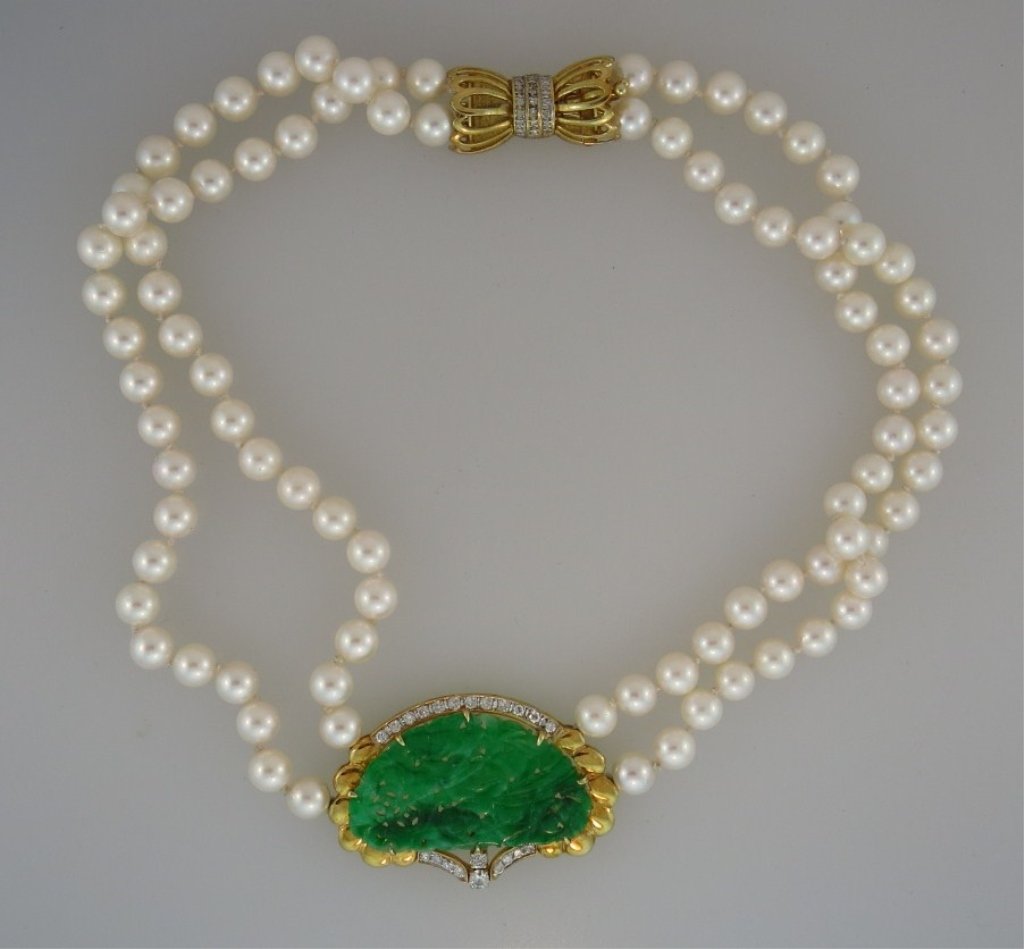 Double Strand Pearl 14k Necklace with Jade Pendant (1 of 6)
