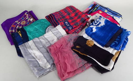 Designer Scarves incl. Dior, Tiffany, Gernreich: Silk designer scarf lot. Designers include Tiffany & Co, Maud Frizon, Liberty, Christian Dior, Rudi Gernreich, and Carlisle. 8 pcs. (MAX7803/8) {KR}(MAX) Dimensions:Various sizes Condition:some