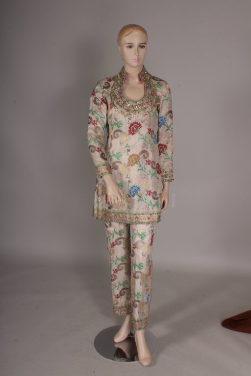 Vintage Tina Leser Silk Outfit w/ Scarves: Vintage beaded silk floral tunic and beaded trimmed pants by Tina Leser with scopp neckline and back zip closure. Along with ivory silk floral embroidered piano shawl, off white assuit shawl, multi co