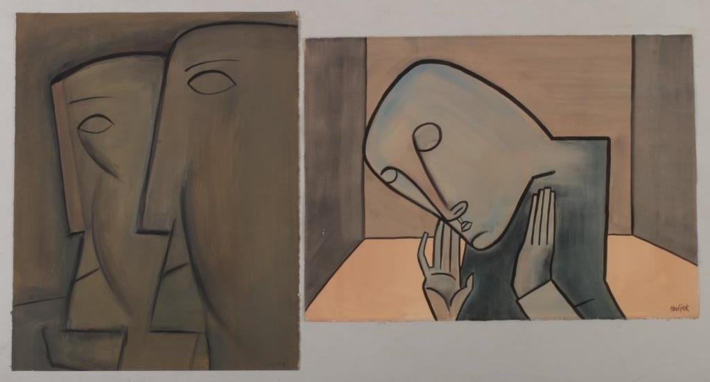 Czech School, 20th C., Modernist Faces, 2 Pastels (1 of 4)