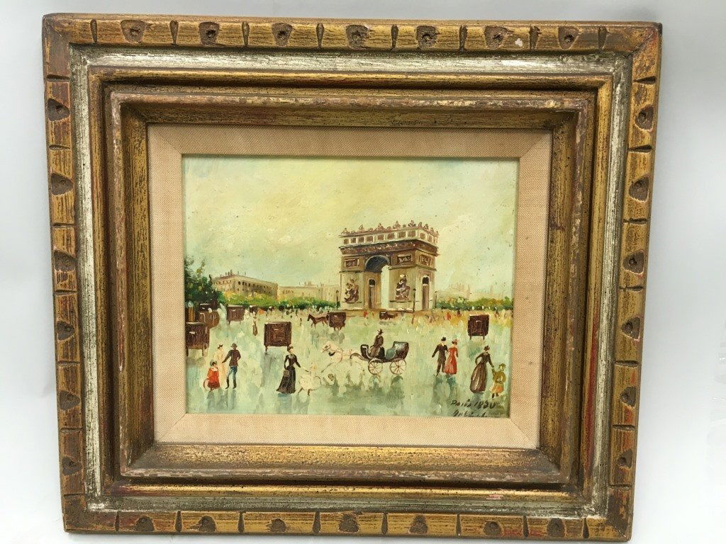 French School, 20th c., Naive Paris Scene, o/c (1 of 4)