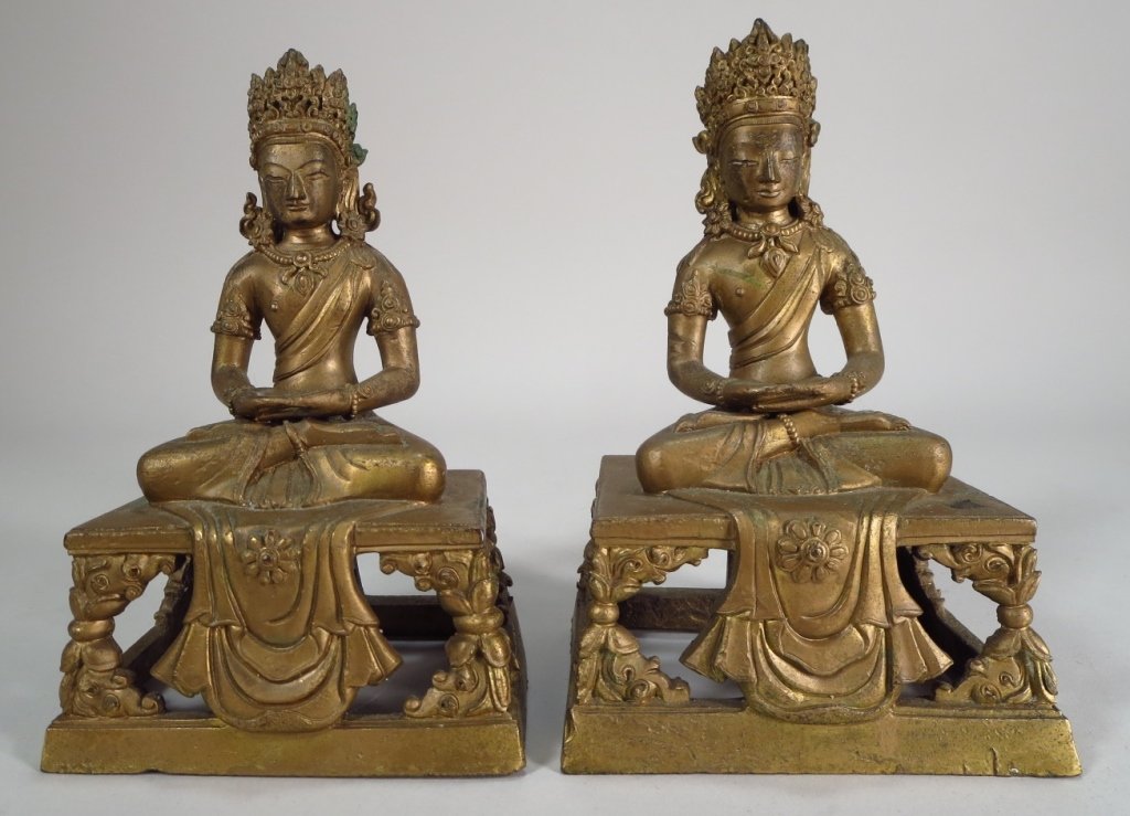 Pair of Chinese Bronze Bodisatva, 20th C.: Pair of Chinese Bronze Bodisatva, 20th C, seated in dhyanasana, on an openwork throne. (LCA8201/2)(LCA8201/2) Measurements: 7 H x 45 W x 35 D Condition: Some oxidation to metal, otherwise good Propert