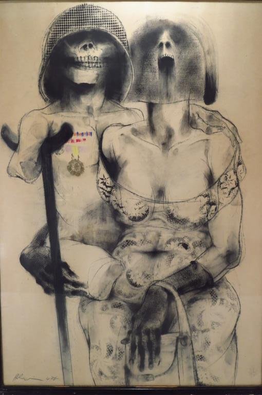 Viet Nam Era Charcoal and Pastel Drawing, c . 1978: American School, c 1978, Viet Nam War era, Skeletal Bride and Groom, charcoal and pastel on paper, indistinctly signed lower left.(LUCE8228) Measurements: 40 x 28 Condition: Age and use wear, paper to