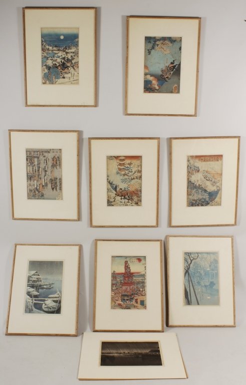9 Ukiyo-E Woodblock Prints 19th-20th: Group of 9 Ukiyo-E Woodblock Prints, 19th -20th C. includes "Snow at Mukojima" by Kawase Bunjro Hasui, "Port Yokohama, the Evening" by Tschiya Koitsu along with Yoshifuji Kasamatsu, Kuniyoshi Utagana,