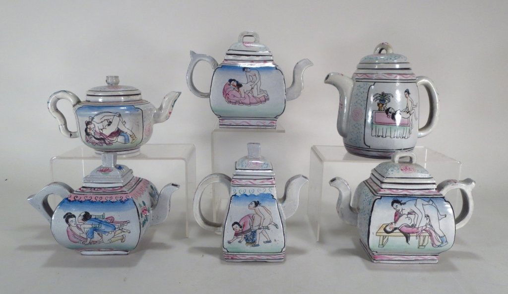 6 Erotic Chinese Earthenware Teapots: 6 Erotic Chinese earthenware Teapots. Assorted Shapes decorated with erotic scenes.(ALEXC8309/6) Measurements: Tallest 6.25"H Condition: Short round pot has chip. Property Title:
