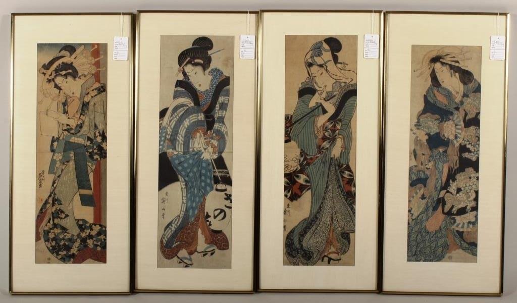 Set 4 Japanese Woodblocks, Kulicke Bronze Frames: 2 attributed to Kikugawa EIZAN (1787-1867) and Utagawa KUNIYASU (1794-1832), the 4 c. 1970 frames with stamped Kulicke marks and paper labels.(CSHO8903/4) Measurements: each 9 x 28, framed 15 x 34 Con