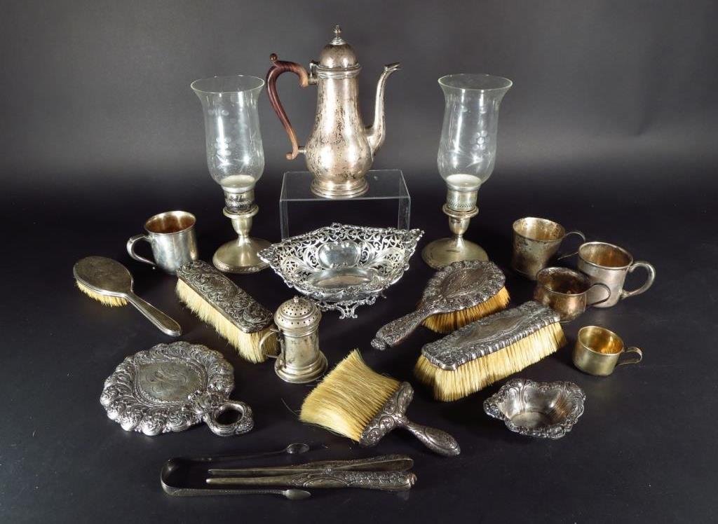 Sterling Silver Tiffany & Co Partial Dresser Set: Sterling Silver Tiffany & Co Partial Dresser Set along with other English American silver items. Includes a glove stretcher, 2 brushes and a mirror in matching pattern with baby cup all by Tiffany & C