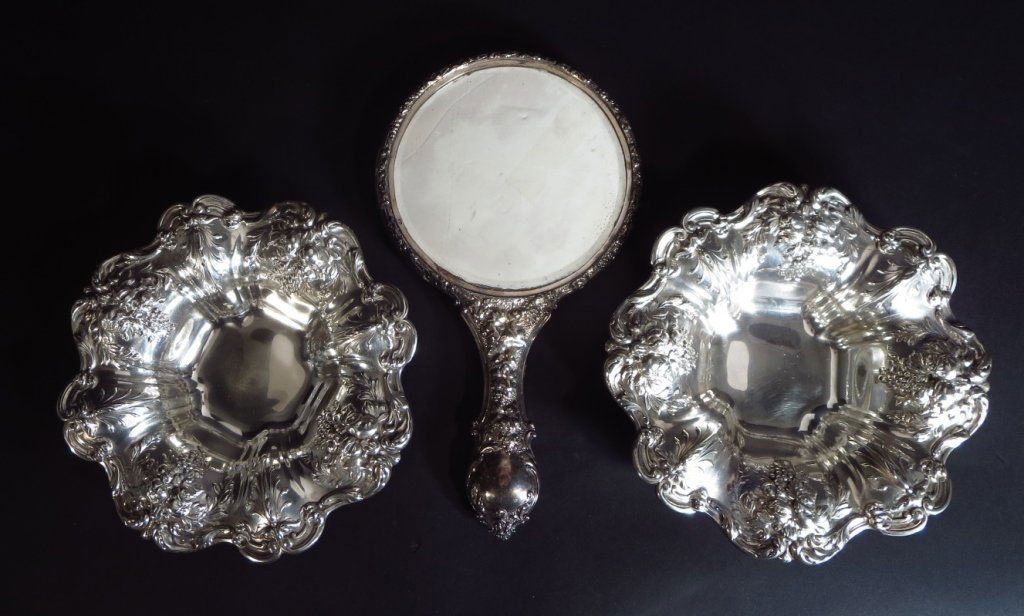 Pair of Silver Candy Dishes: Pair of Silver Candy Dishes, Reed and Barton Francis 1 pattern, together with an English silver handled mirror. 3 Pieces total.(NSHAW8014) Measurements: 11/2"H, 8"DIA Dishes 11"H, Mirror Condition: Go