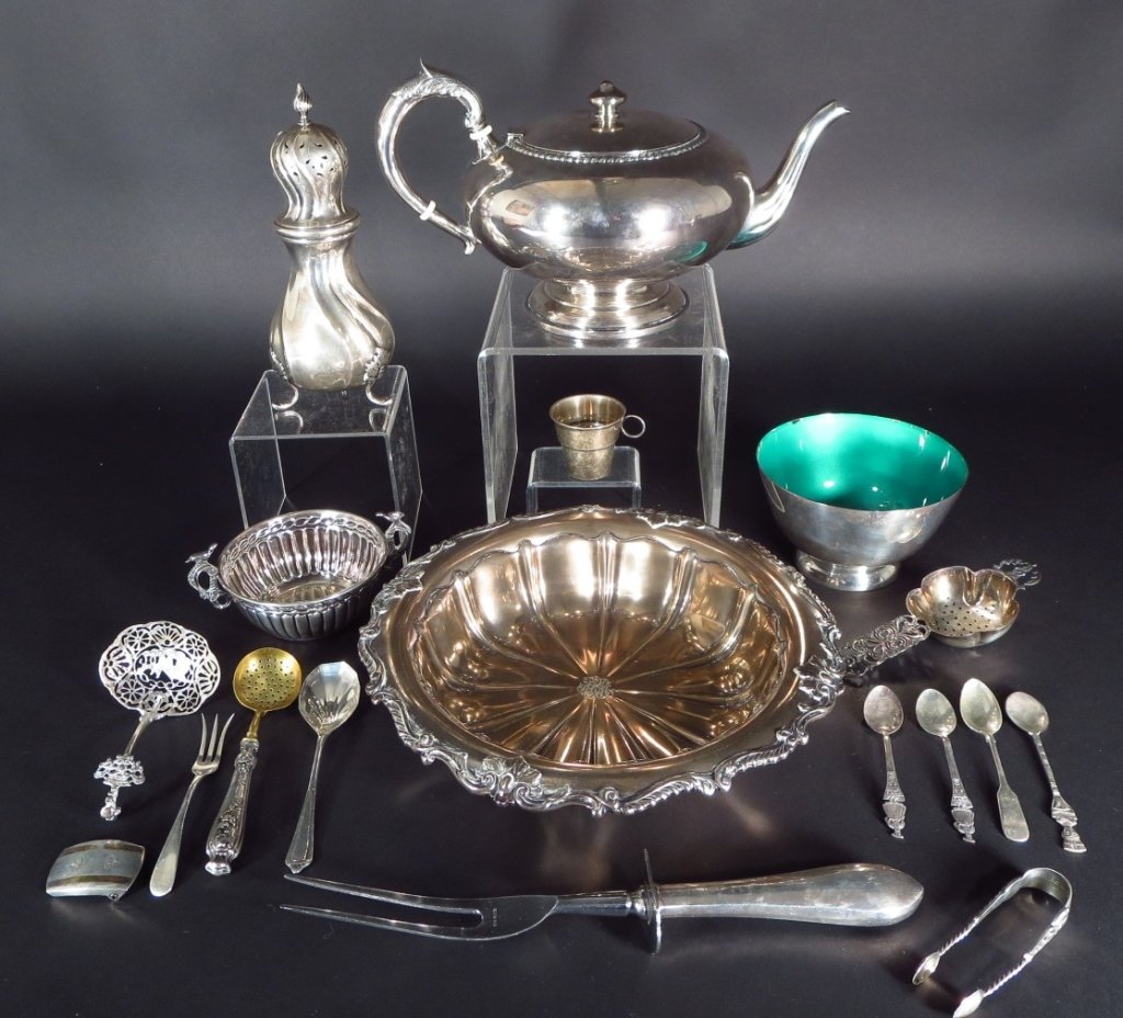 18 pcs of Sterling Silver, .830 & .800: 18 pcs of sterling silver, .830 and .800. silver. European, North and South American, 19th/20th C. Includes a Danish caster, a teapot, bowls, tea strainer, and flatware. Total approximately weight 70 