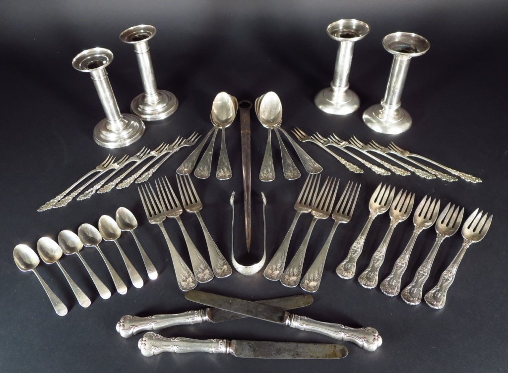 Lot of Sterling & Electroplate Tableware: Lot of Sterling Silver and electroplate tableware 19th/early 20th century. English and American. Comprising 6 English teaspoons dated 1814, a pair of coin silver acorn fork tongs by "Aiken", 6 bright 