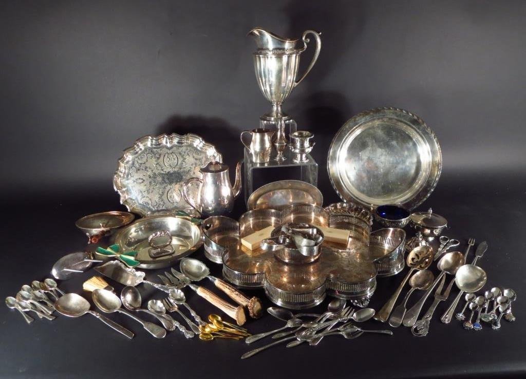 Huge Silverplate Lot: Trays, Pitchers, Serving Pcs: Includes Mappin & Webb, 2 boxed H. Stern small picks and spoons; others, most early to late 20th c.,(CSHO8003/lot) Measurements: various Condition: one tray's plate heavily worn, others with typical u