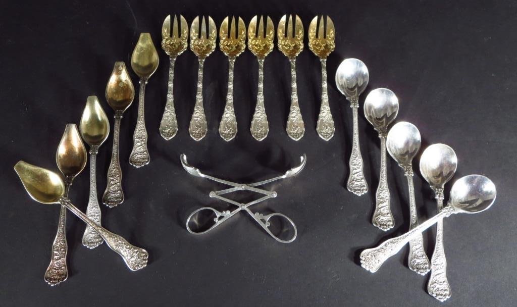 Tiffany Olympian, Durgin Dauphin Sterling 19th c.: Tiffany Olympian 5 orange spoons with gold wash bowls; 5 Olympian Bouillon; all marked "C"; 6 Wm. Durgin Dauphin salads with gold wash bowls for George H Ford, New Haven (Dauphin chosen for cover of O