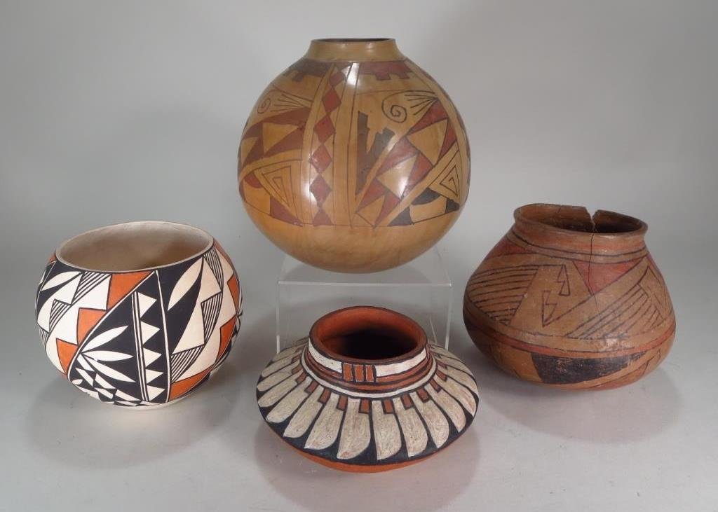 Native American Pottery, early -mid 20th C.: Native American Pottery, South West,, early-mid 20th C., including a San Ildefonso Pueblo pot signed Marge, an Ancoma pot (B.R.), and two older examples, one reassembled from fragments. (LUCE8242/4)(L