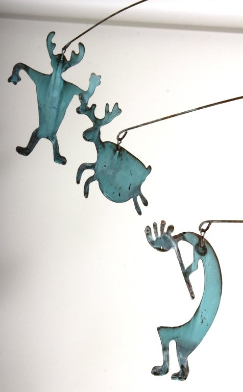 Southwestern Folk Art Metal/Crystal Mobile, c.1980: Southwestern Oxidized Metal and Crystal Mobile, c.1980(JSHE8118) Measurements: 42"H x 44"W Condition: Patinated, some pieces bent Property Title: From a Washington Depot Connecticut Collection