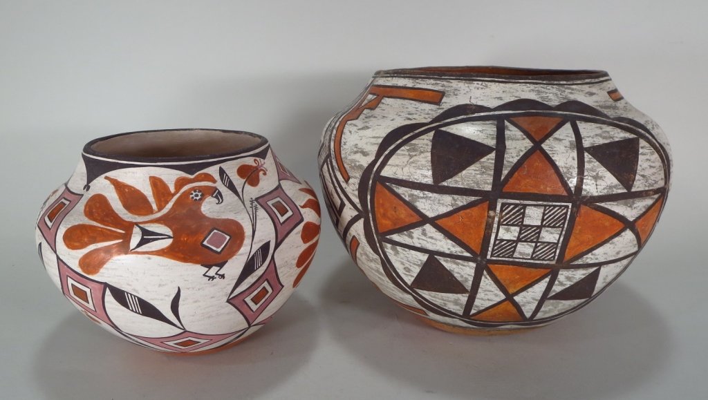 Ancoma Pottery, c. 1930's: Two Ancoma Pottery Vases, c. 1930's, one a vase signed by Marie Z. Chino, with bird motif, the other with geometric designs. (RANDJ8201/2)(RANDJ8201/2) Measurements: 6 and 7 H Condition: Use wear, oth