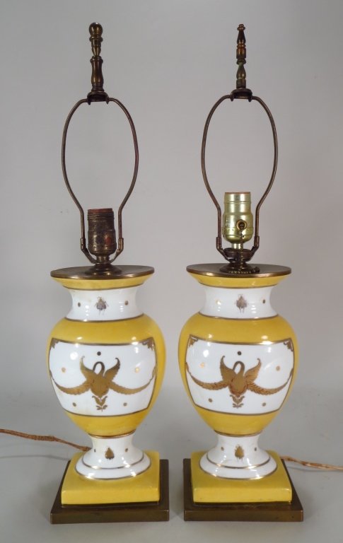 Pair French Empire Yellow Porcelain Lamps, 19th C.: Pair of French Empire porcelain vases, mounted as lamps, on a bronze base (JKID8211/2) BIOGRAPHY: Mary "Maura" Dillon Pichetto passed away in 2013. An alternate delegate to the 1976 Republican Nationa