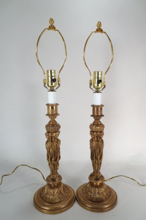 Pair of Greek Revival Bronze Lamps: Pair of Greek Revival Figurative Bronze Lamps. (2 pcs.)(NSHAW8023) Measurements: 27" Base to finial Condition: Good Property Title: Property from a Michel Simon Interiors Designed Collection, from an