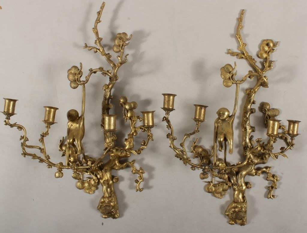 Pr. of Gilt Bronze Floral Wall Sconces: Pair of Paint and Gilt Decorated Bronze Floral/Monkey motif wall sconces, L. 19th -E 20th C.(JGRA8115/2) Measurements: 24"H x 17"W Condition: Repairs, some areas oxidized, some losses to finish Proper