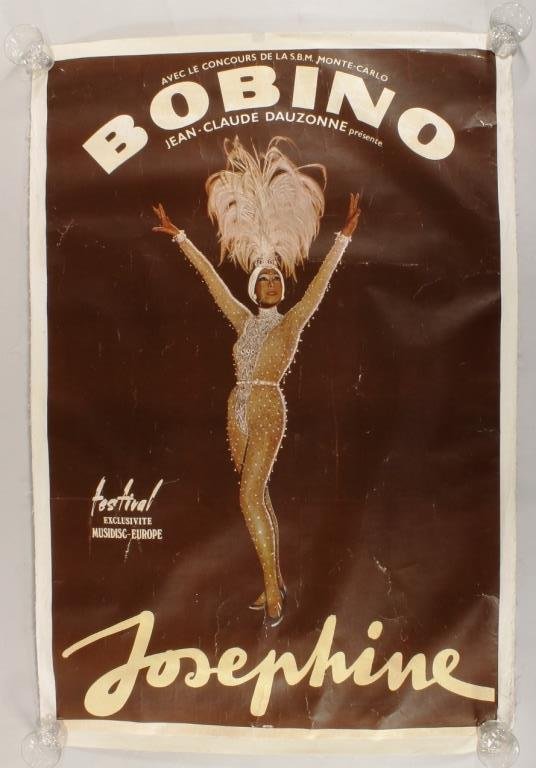 Josephine Baker Poster, c. mid 20th C.,: Josephine Baker Poster, mid 20th C., "Bobino Presents Josephine Baker", paper on linen, photo by Guy Ventouillac.(CSHO8200) Measurements: 58 x 38 plus linen margins. Condition: Crease marks, surface l