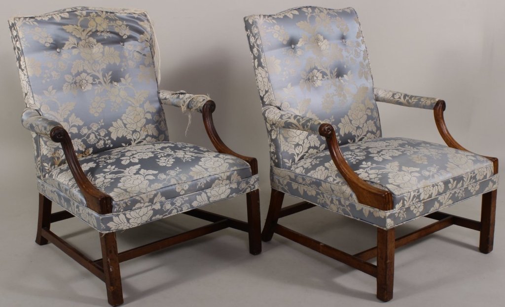 Pair of Chippendale Armchairs, Am., 18th C.: Pair of Chippendale Mahogany Armchairs, American, 18th C., with silk upholstery. ( JKID8202/2) BIOGRAPHY: Mary "Maura" Dillon Pichetto passed away in 2013. An alternate delegate to the 1976 Republican