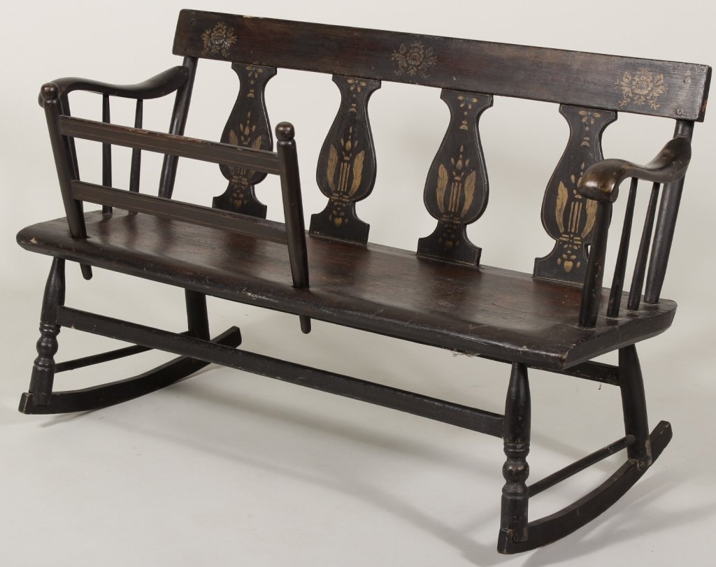 Antique Baby's Bench/Rocker, American, e 19th c.: Antique Baby's Bench /Rocker, American, e 19th c., with old paint and stenciling(CGAB8002) Measurements: 48" L x 29" at the top, 15" H x 15" D Condition: runners and cradle rail detachable, one arm lo