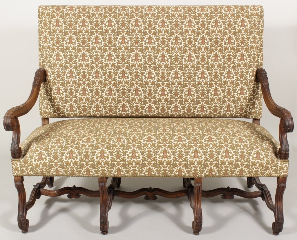 Louis XIV-style Walnut Provincial Settee, 19th c.: Louis XIV-style Walnut Provincial Settee, 19th c.(KATE8001) Measurements: 58" L x 32" D x 46" H, seat 19" H Condition: old worm holes, minor use wear, upholstery good Property Title: From a Litchfield