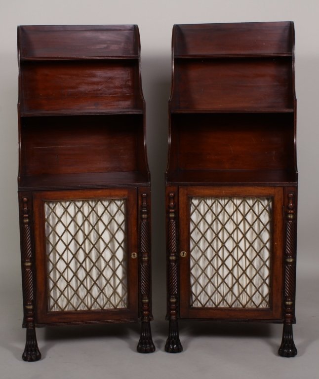 Pr. of Irish Mahogany Bookcases,E.19thc: Pair of Irish Regency Mahogany Waterfall Bookcases, E.19th C., pine shelves as secondary wood along with top trim, brass banding along columns, ebonized feet(2Pcs)(JGRA8107/2) Measurements: 56"H x 21"