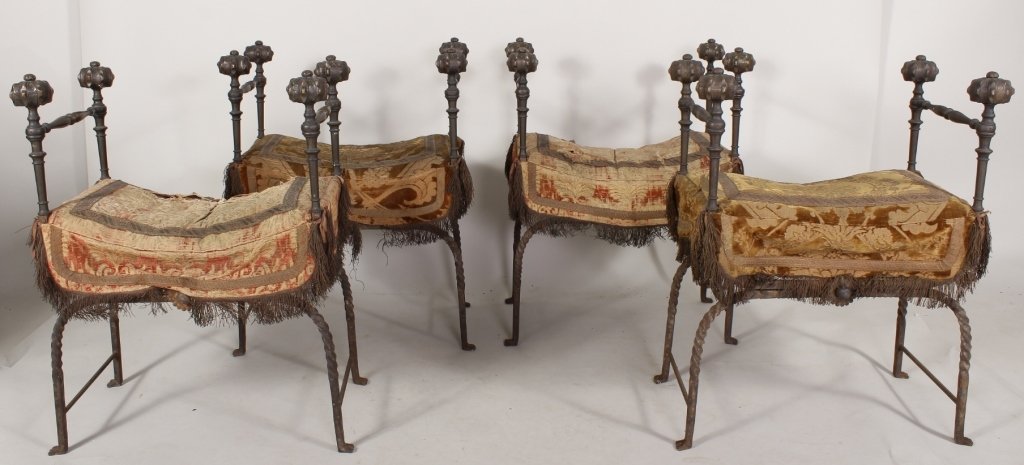 4 Italian Bronze/Iron Faldistorio Stools c.1900: Four Italian Bronze/Iron Faldistorio or Stools, c. 1900, with decorated metal work, damask fabric/upholstery possibly earlier (4 Pcs)(JTRO8100/4) Measurements: 34"H x 27"W x 18"D Condition: Wear comme
