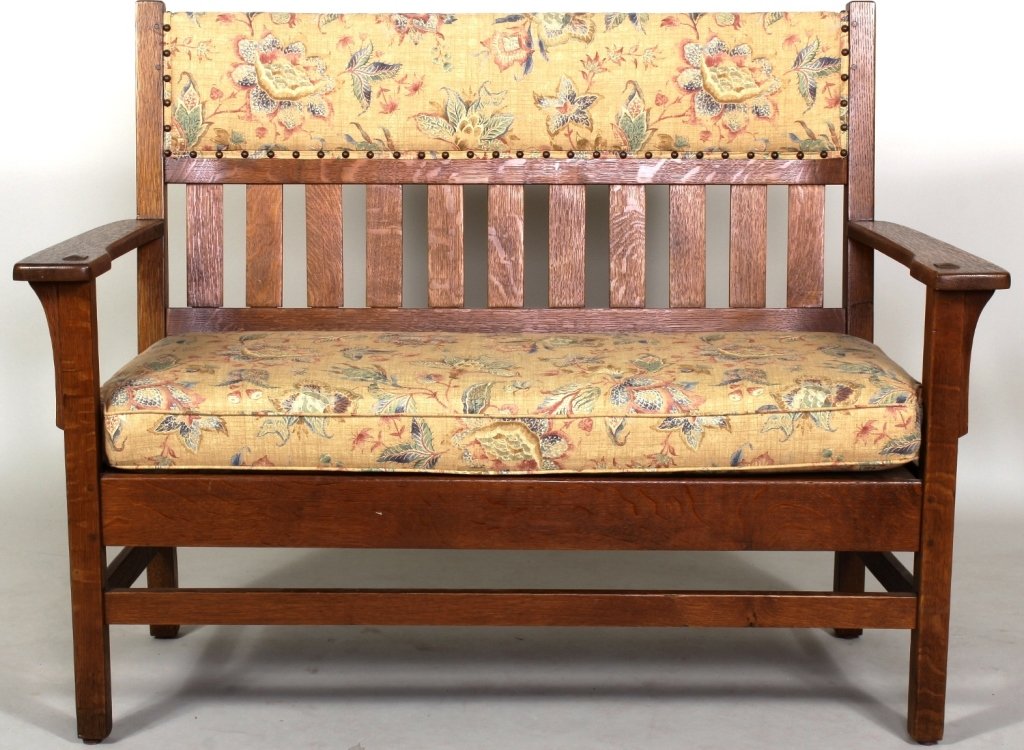 Mission Oak Upholstered Settee, E. 20th C.: Mission Oak Upholstered Settee, E. 20th C., nailhead trim(JSHE8114) Measurements: 41"H x 51"W x 25"D Condition: Use wear, light soiling to fabric, otherwise good Property Title: From a Washington Depo