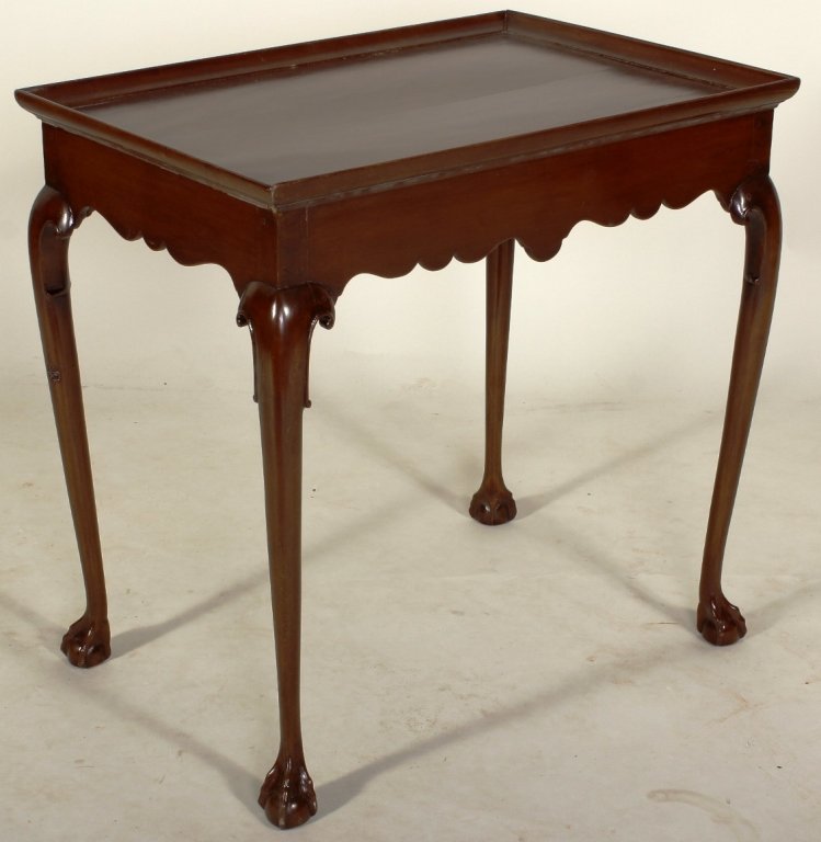 Chippendale Mahogany Tea Table, 18th C.: Chippendale Mahogany Tea Table, 18th C., interesting pencil inscription written on the bottom, presumably signed by the restorer who put in the butterfly repairs attesting to the originality(GDEN8502)