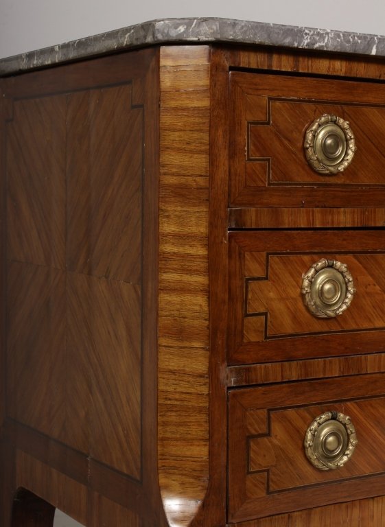 Loiuse XV Style Commode 19thc: Louise XV Style Commode, 19thc, grey molted marble top, inlaid fruitwood with well cast ormolu handles.(MLFR8500) Measurements: 33.5" x 30" x 18.75"D Condition: lifting and loss of small section of ve