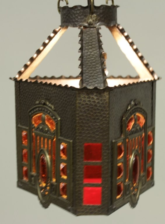 Arts and Crafts Period Hanging Lantern: Arts and Crafts period hanging lantern, Scandinavian copper and stained glass in two parts.(PASA8504) Measurements: 19" H x 10" diam. Condition: Good. Property Title: Property from a New York City Col