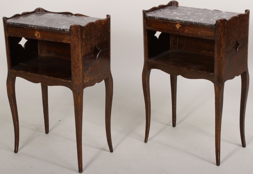Pair of French Petite Commodes with Marble Tops: Pair of mahogany open sided petite commodes, French, c 1920, with marble top and a small drawer, on cabriole legs. (2 pcs.) (SNOR8209/2)(SNOR8209/2) Measurements: 28 H x 18 W x 11.5 D Condition: Age a