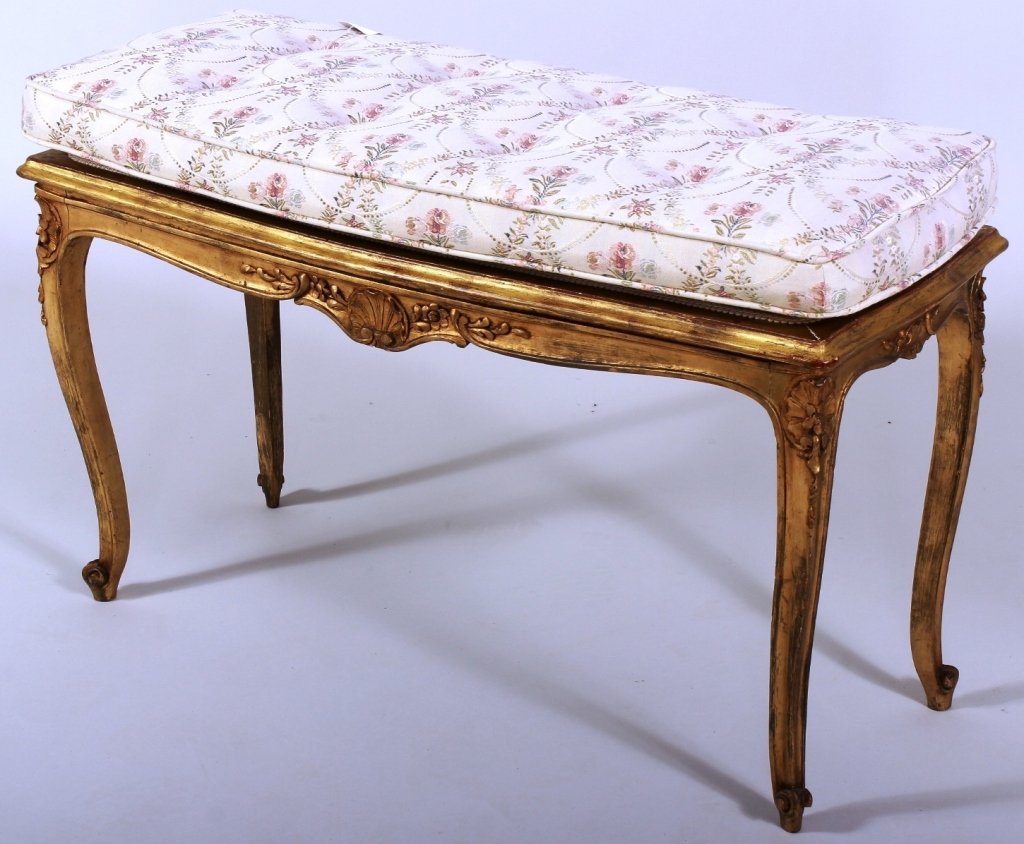 Louis XV Style Piano Bench: Louis XV style piano bench with shell motif with upholstered insert and attached upholstered seat. Purchased from the Du Pont Collection.(NSHAW8009) Measurements: 22 1/2" H x 35" W x 16" D Condition: 