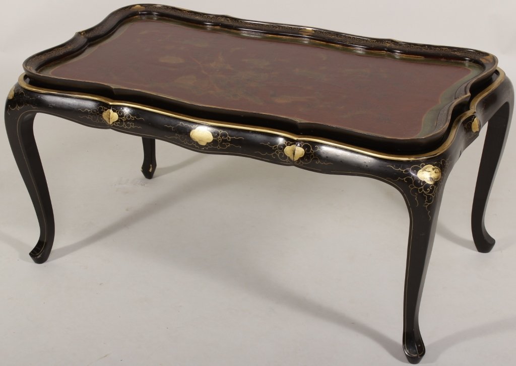 Chinese Style Black Lacquer Tray Top Table: Chinese Style black lacquer and gilt tray top table with roses and pheasants.(NSHAW8032) Measurements: With Tray: 20" x 40" x 21" Condition: Wear to gilt. Property Title: Property from a Michel Simon 