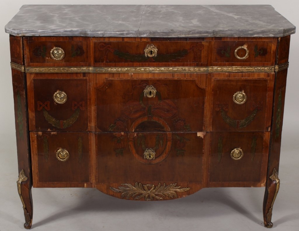 Continental 3-Drawer Commode, 18th C., Marble Top: Continental 3-Drawer Commode, 18th C., inlaid with colored woods, grey mottled marble top(JUSS8505) Measurements: 34" H x 43" L x 20.5" D Condition: Veneer losses, repairs. Property Title: From the Es