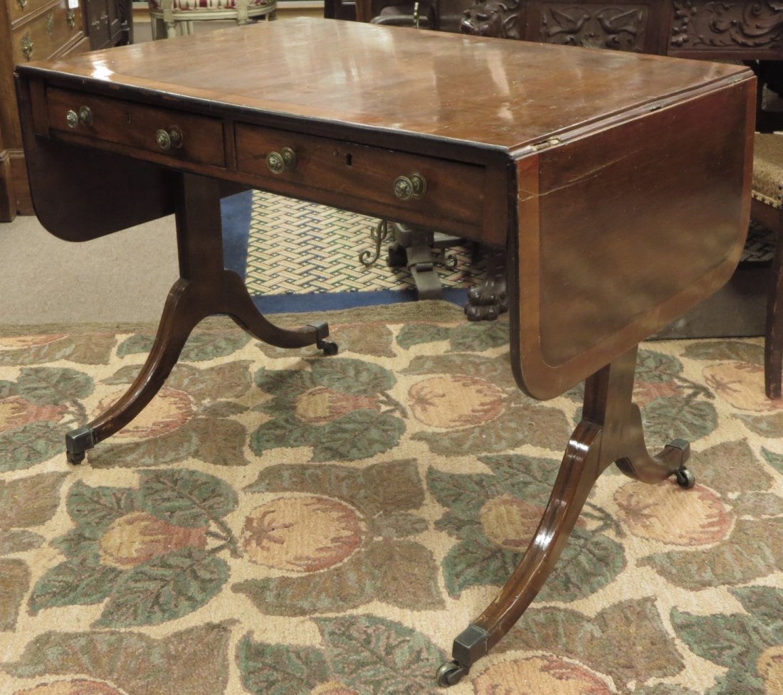 Mahogany Banded Sofa Table with Frieze Drawer: Mahogany Banded Sofa Table with Frieze Drawer, 28" H x 35 " W x 25" D with 2 12" drop leaves, 20th c.WIEB8202