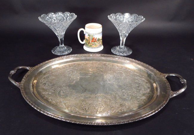 Decorative Objects, English/American, 19th/20th c: Group of Decorative Objects, English/American, 19th/20th century, comprising of a pair of cut glass compotes, an English transferware mug and a silver plate tray (4 pcs)(SNAP6302/4) Low Estimate: 200