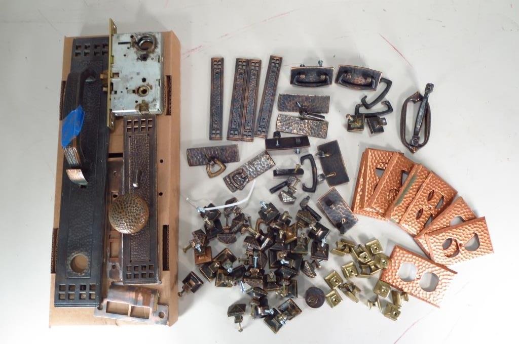Lot of Metal Mission Style Cabinet/Door Hardware: Large Lot of Assorted Mission Style Cabinet / Door Hardware, 20th C., includes "Period Brass" door hardware, cabinet pulls, switch plate covers, handles, pulls(Lot)(JSHE8117/LOT) Low Estimate: 300 Hig
