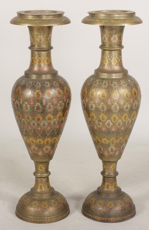 Pair of Champleve Enameled Brass Ferns Stands: Pair of Champleve enameled brass fern stands / vases.(ALEXC8305/2) Low Estimate: 400 High Estimate: 600 Measurements: Approx 35"H Condition: Some oxidation, minor enamel loss.
