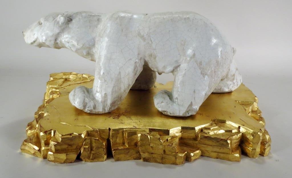 Michael Schilkin, Large Polar Bear, ceramic: Michael Schilkin, Finland, 1900-1962, Polar Bear, glazed ceramic on gilt wood stand, incised signature to underside. NOTE: Similar in size to Lot # 14 African Woman with a Lion Cub (1940'), Glazed cer