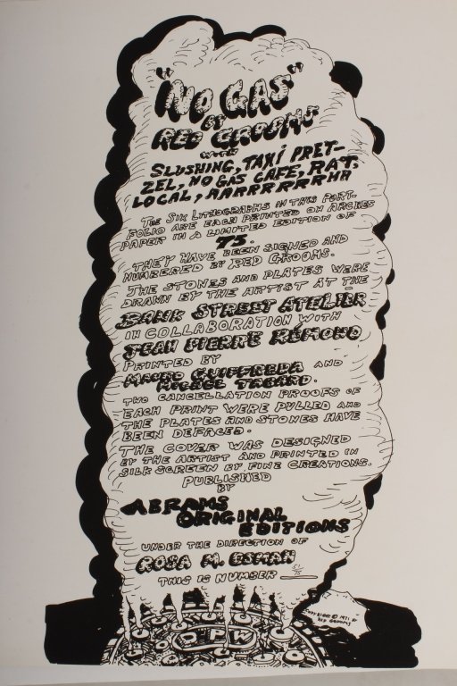 Red Grooms, Am.,"No Gas" Portfolio/3 Lithographs: Red Grooms, American, b.1937, "No Gas" Portfolio c.1971, with 3 lithographs, 1 black and white "introduction page", 2 color lithographs includes "Taxi Pretzel", "Cafe",each graphite signed and numbere