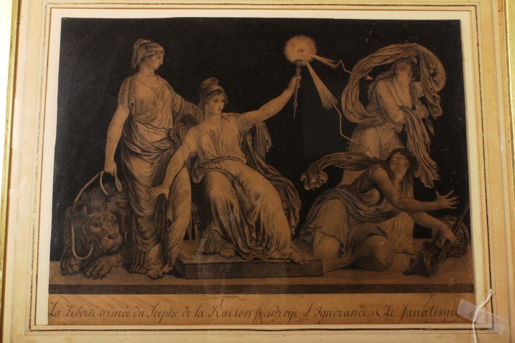 2 French Allegorical Engravings, 18th-19thC.: 2 French Revolutionary Allegorical Engravings, 18th-19thC., inscribed, lower right Sophia Chapuis(2Pcs)(MAX8104/2) Low Estimate: 150 High Estimate: 250 Measurements: 16 x 21, framed 22 1/2 x 28 Condit