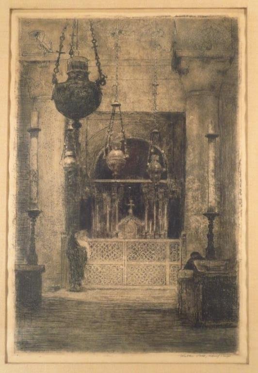 Walter Vaes, 2 Etchings, early 20th c: Walter Vaes, Belgian, 1882-1958, Two Etchings: Church Exterior and Church Altar, ca. 1900s, signed on recto (2 pcs)(SNAP6404/2) Low Estimate: 300 High Estimate: 500 Measurements: Church Exterior: sigh